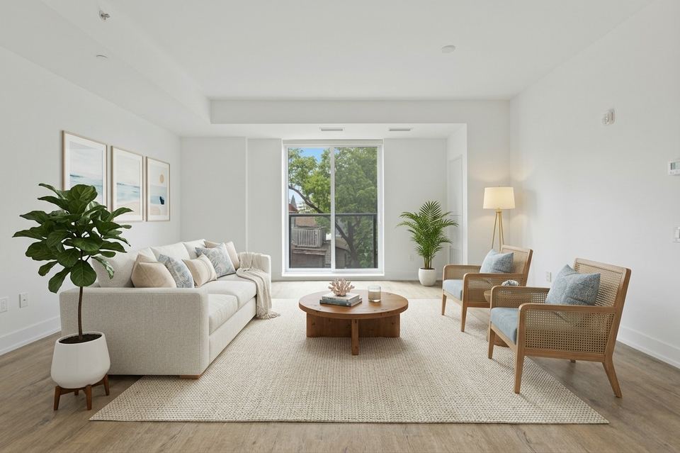 After: the same room virtually staged with AI, adding a sofa, rug, chairs, plants and wall art. Labeled as virtually staged
