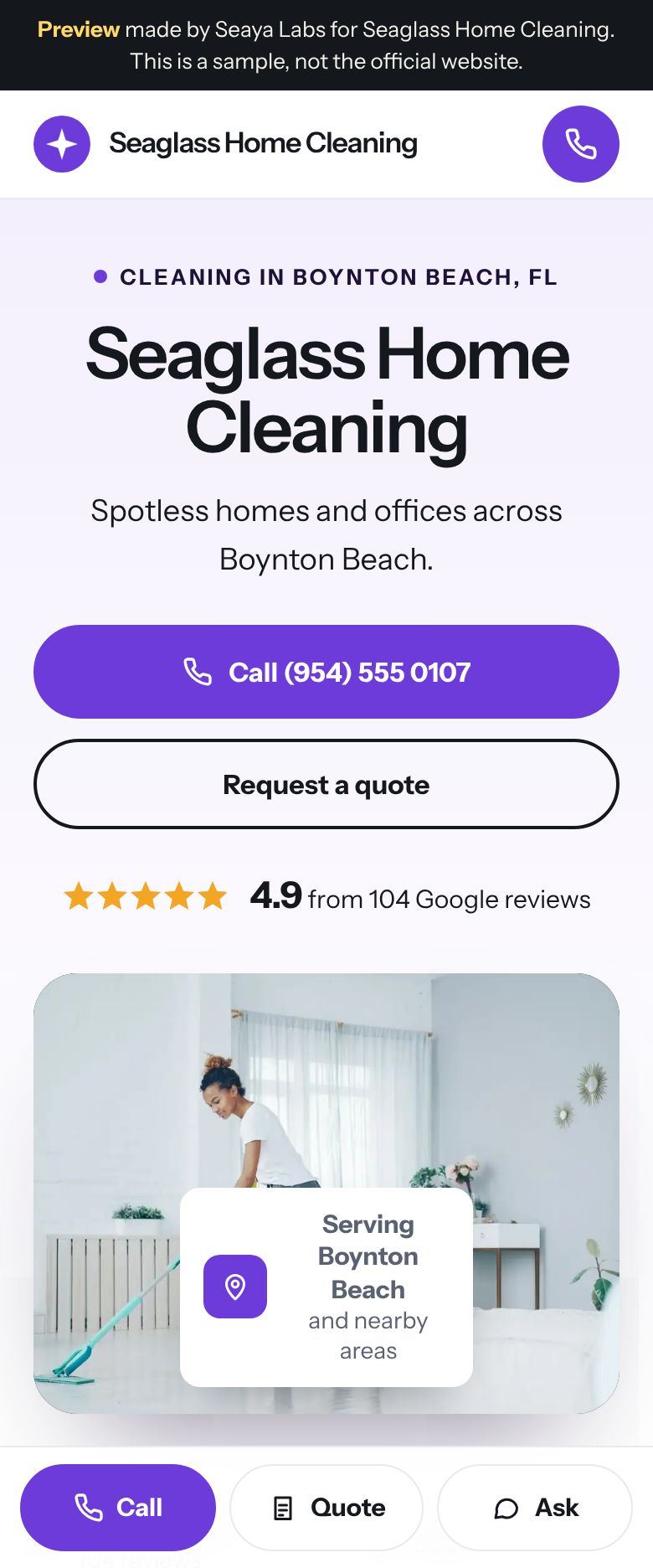 Example house cleaning website for Seaglass Home Cleaning