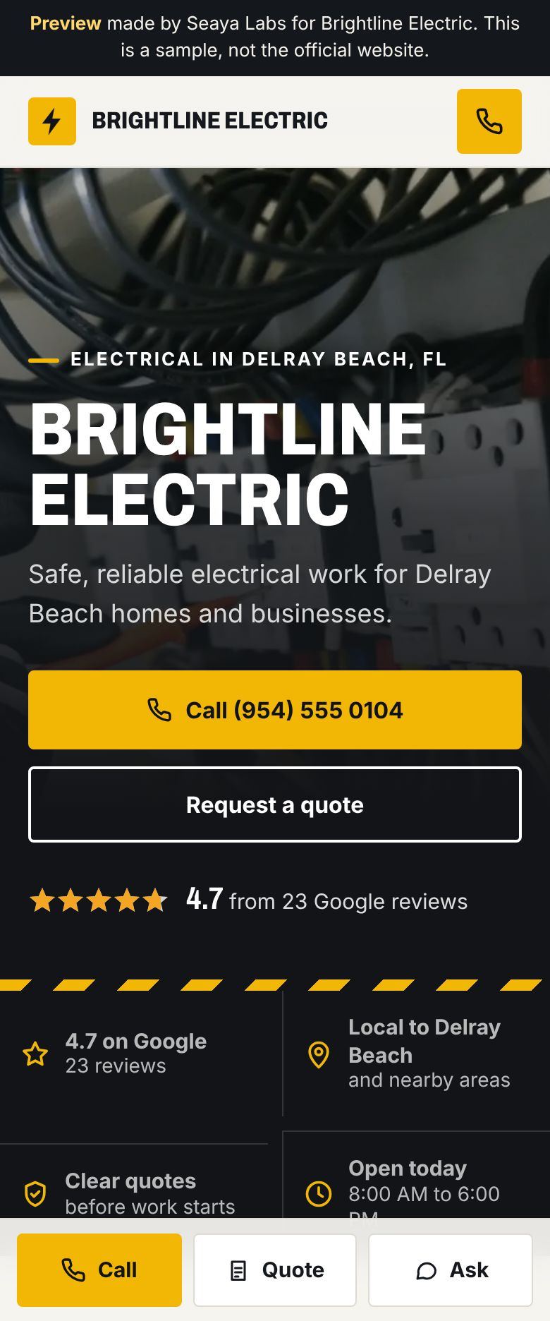 Example electrical website for Brightline Electric