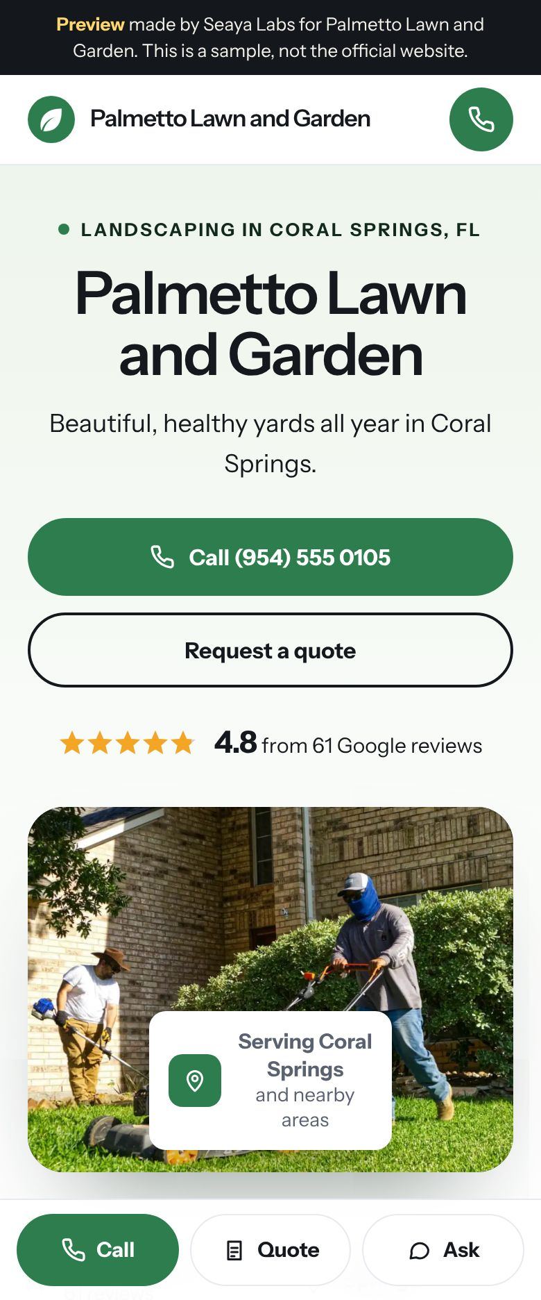 Example landscaping website for Palmetto Lawn and Garden