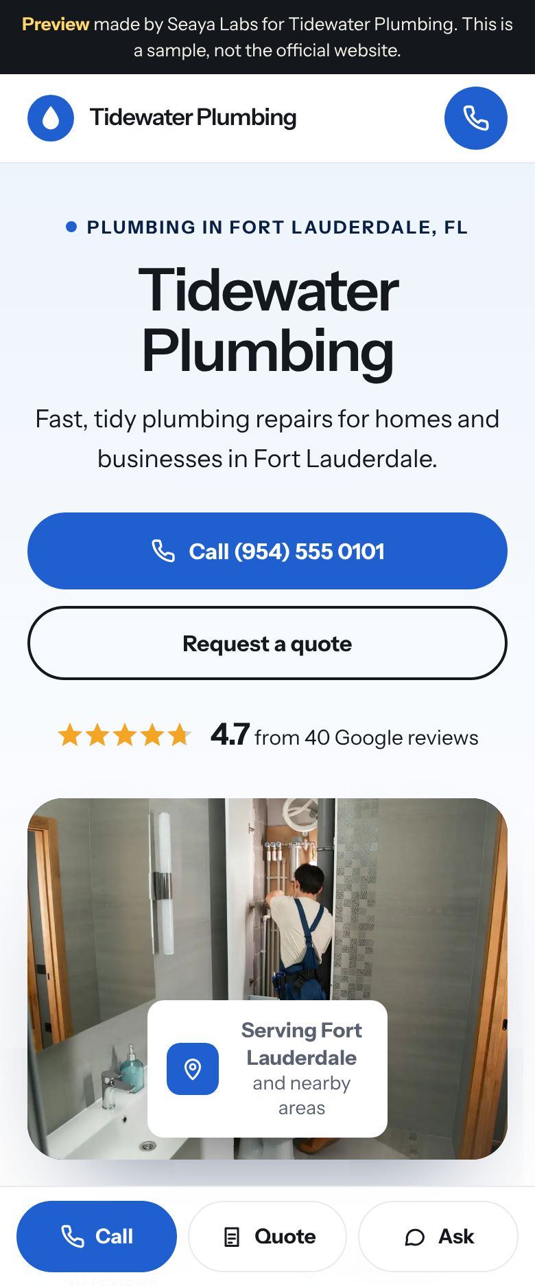 Example plumbing website for Tidewater Plumbing