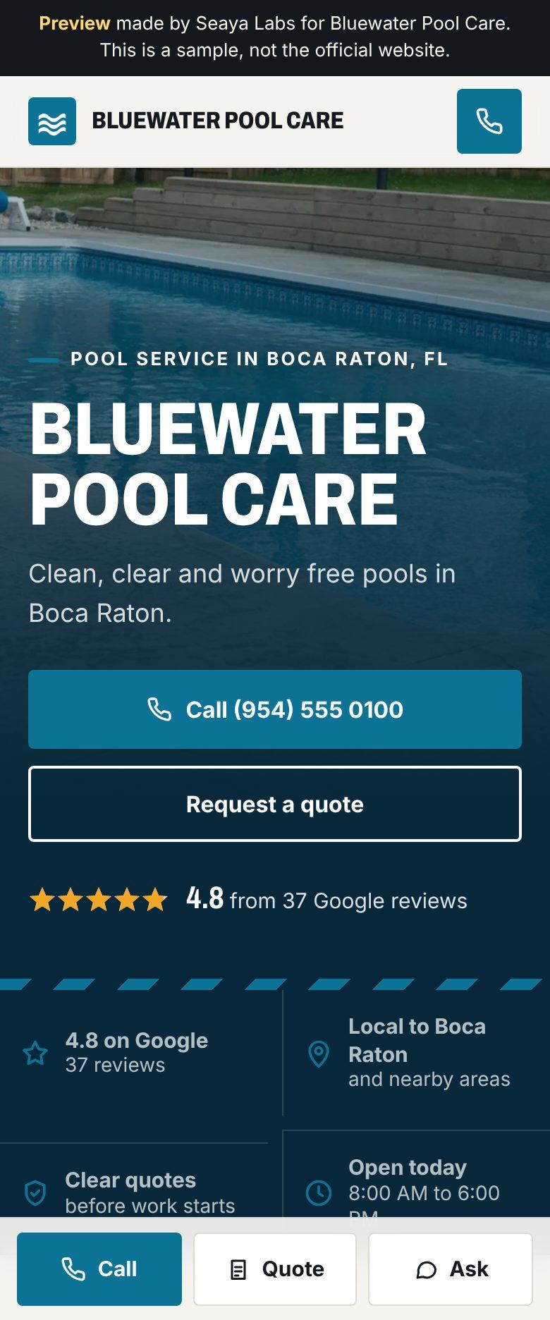 Example pool service website for Bluewater Pool Care