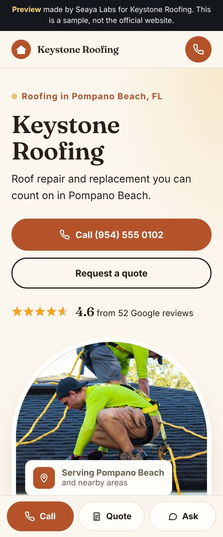 Example roofing website for Keystone Roofing