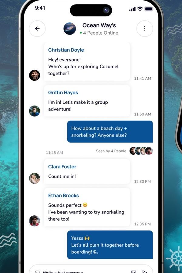 Seaya app: a group chat of cruisers planning a beach day