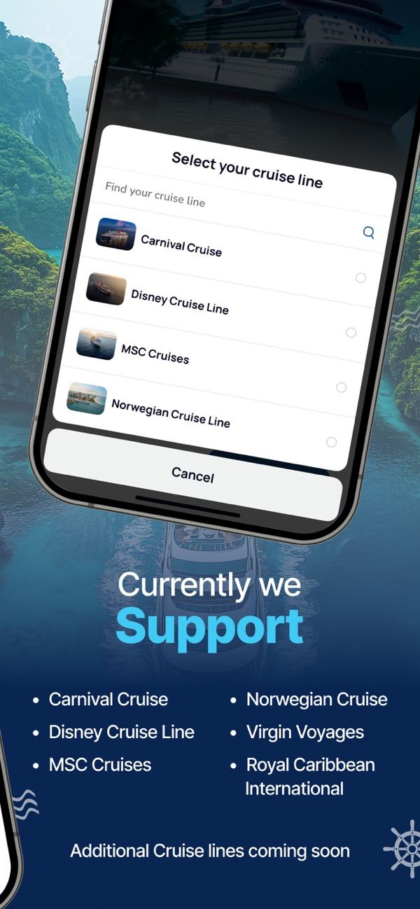 Seaya app: pick your cruise line, with Carnival, Disney, MSC, Norwegian, Virgin Voyages and Royal Caribbean supported